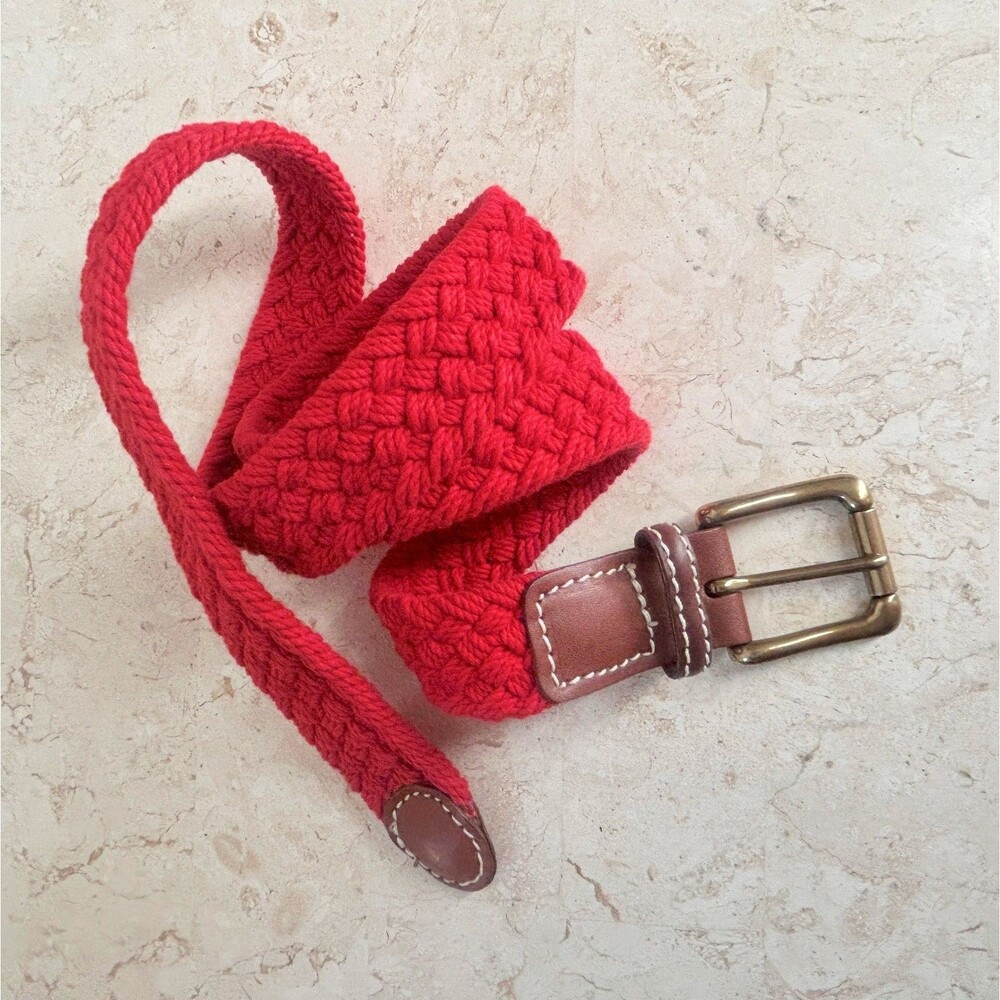 Torino Belt Unisex 36 Red Woven with Brown Leather Ends Preppy Golf Solid Brass